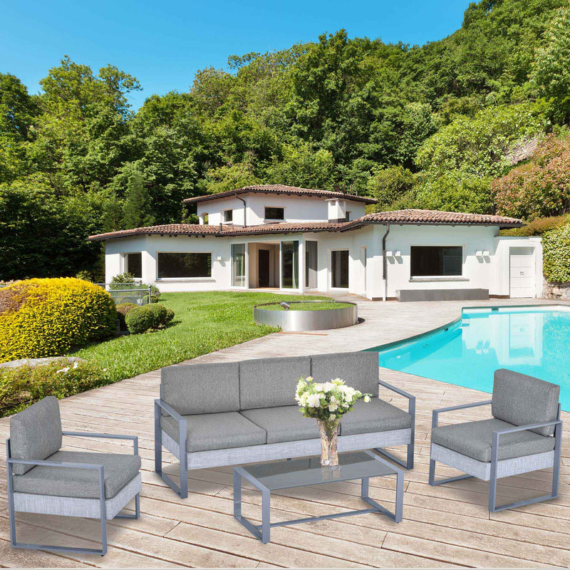 Set da Giardino Divano 2 Poltrone e Tavolino in Alluminio Grigio