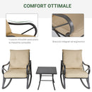 Set Tavolino e 2 Sedie a Dondolo da Giardino con Cuscini in Acciaio Marrone