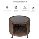 Tavolino da Giardino Ø51x42 cm in Rattna Ripiano in Vetro Marrone