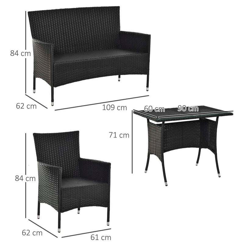 Set da Giardino Divano 2 Poltrone e Tavolo in Rattan Nero