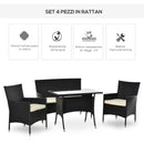 Set da Giardino Divano 2 Poltrone e Tavolo in Rattan Nero