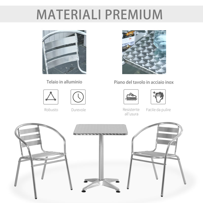 Set Tavolino e 2 Sedie da Giardino in Alluminio e Acciaio Inox