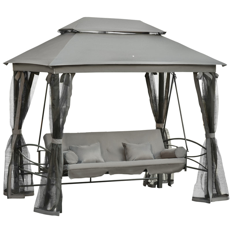 Dondolo Letto 3 Posti con Gazebo da Giardino 256x172x248 cm con Zanzariera e Cuscini Grigio
