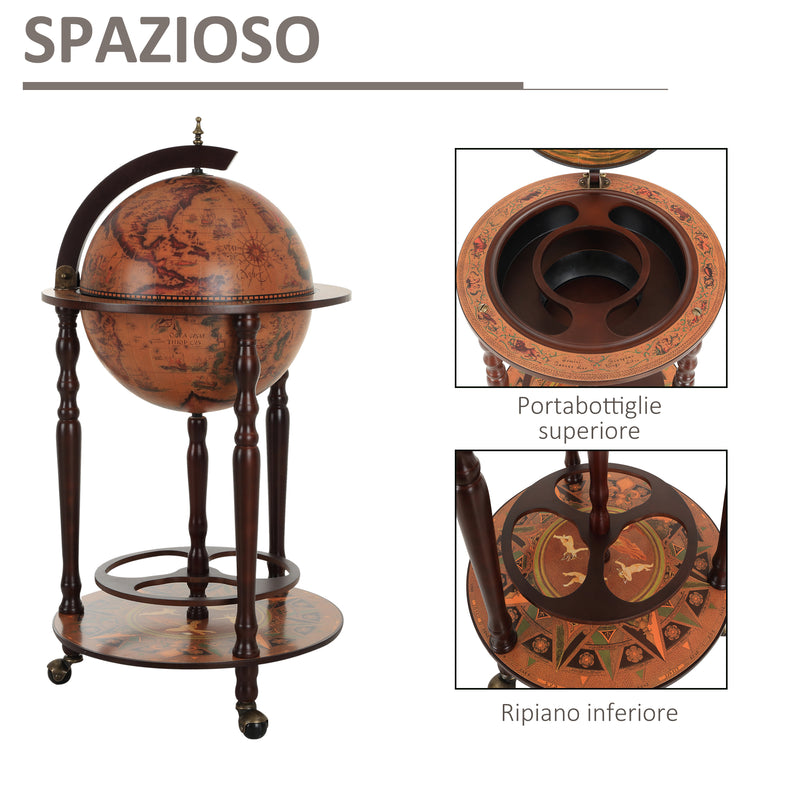 Portabottiglie Bar a Forma di Mappamondo Ø47x90 cm in Legno con Ruote