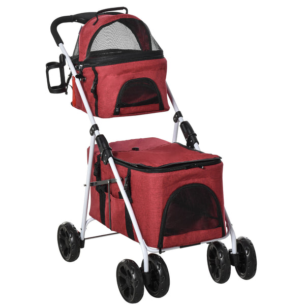 sconto Passeggino Doppio per Cani e Gatti Pieghevole 82x48x100 cm in Metallo e Tessuto Oxford Rosso