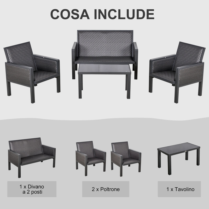 Set Salotto da Giardino Divano 2 Poltrone e Tavolino in Rattan Grigio