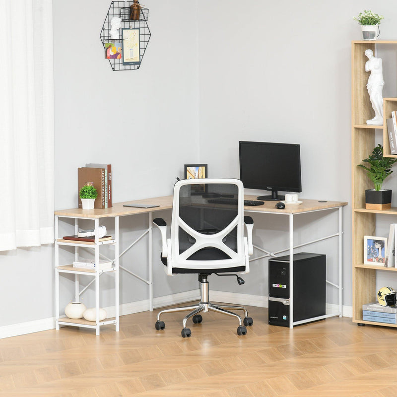 Scrivania Angolare da Ufficio 150x120x74 cm con 3 Mensole in Metallo e MDF Legno e Bianco