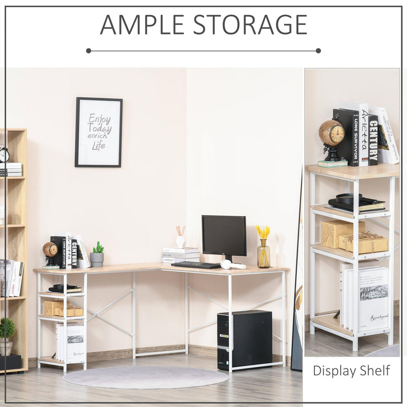 Scrivania Angolare da Ufficio 150x120x74 cm con 3 Mensole in Metallo e MDF Legno e Bianco