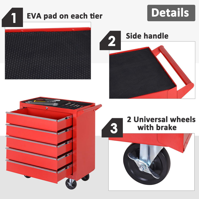 Carrello da Lavoro con 5 Cassetti Porta Utensili 69x33x75 cm in Acciaio Rosso