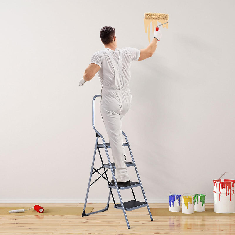 Scala Pieghevole Salvaspazio 4 Gradini 48x63x155 cm max 150kg in Metallo Argento e Nero