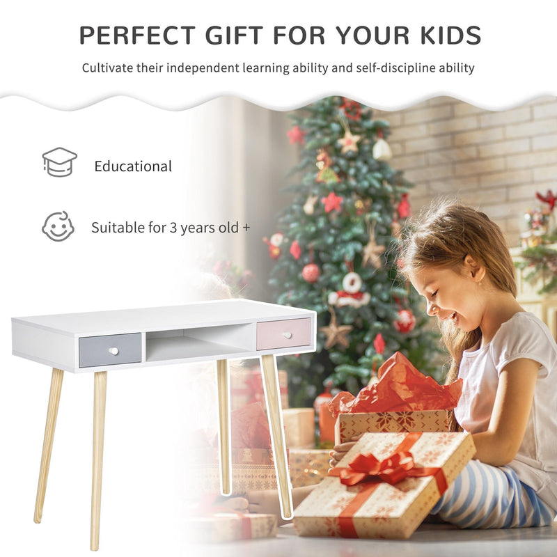 Scrivania per Bambini 100x48x76,5 cm in Legno di Pino e MDF Bianco Rosa e Grigio