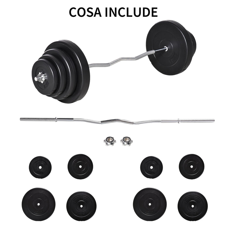 Set Bilanciere 140 cm Barra Curva in Acciaio con 8 Dischi Peso Regolabile 70 Kg