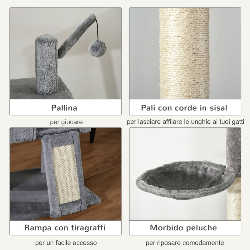 Albero Tiragraffi per Gatti 60x40x230-280 cm con Corde in Sisal Grigio