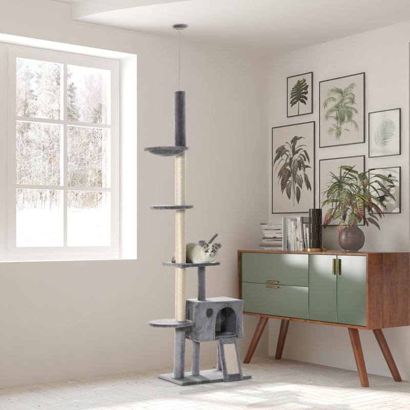 Albero Tiragraffi per Gatti 60x40x230-280 cm con Corde in Sisal Grigio