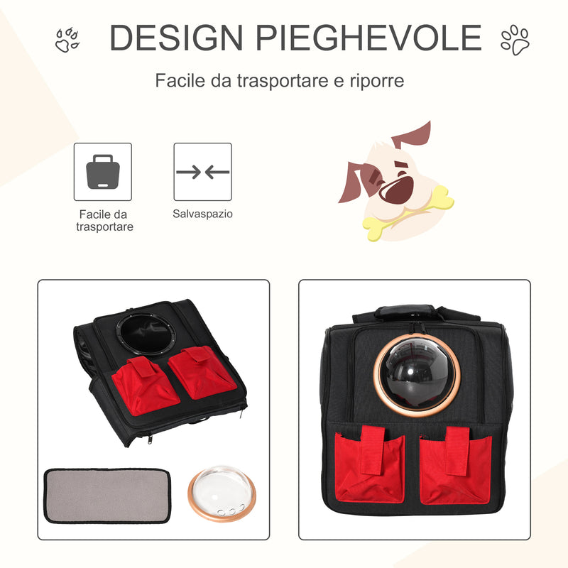 Zaino Pieghevole con Oblò per Gatti e Cani di Piccola Taglia 38x24x38 cm in Tessuto Oxford Nero e Rosso