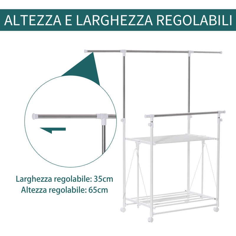 Appendiabiti Estensibile con 2 Ripiani Ruote e Altezza Regolabile in Acciaio 88-157x50x95-160 cm Bianco