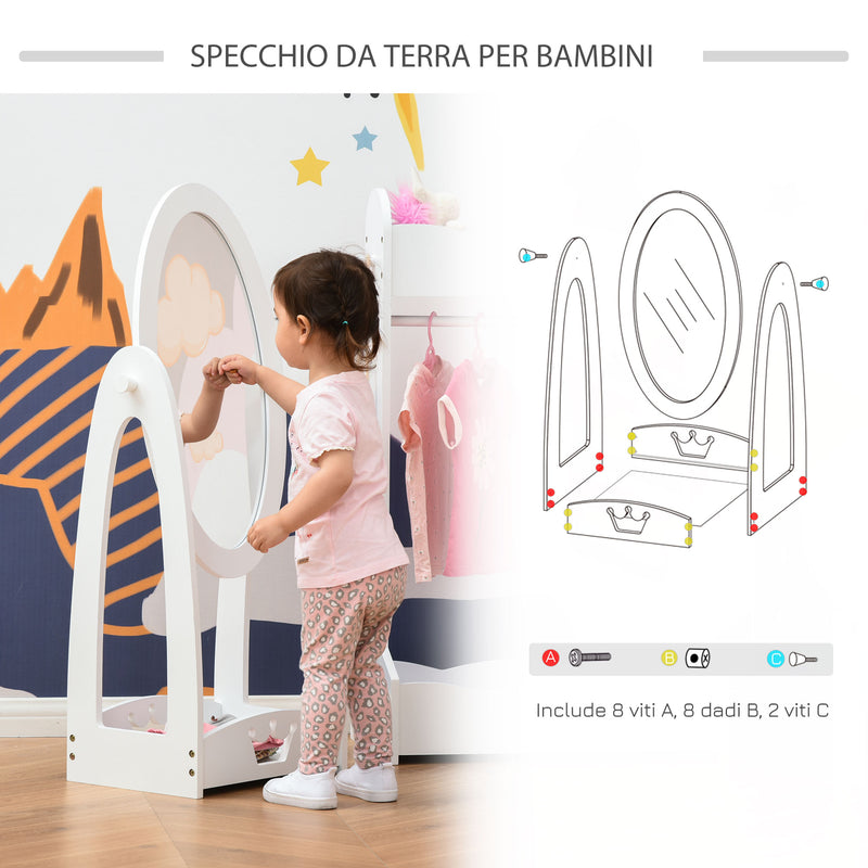 Specchio per Cameretta Bambini 40x30x104 cm con Scaffale Bianco