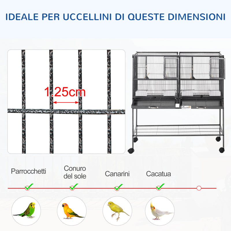 Voliera Doppia Gabbia per Uccelli 95x45,5x102 cm in Metallo con Ruote Grigia