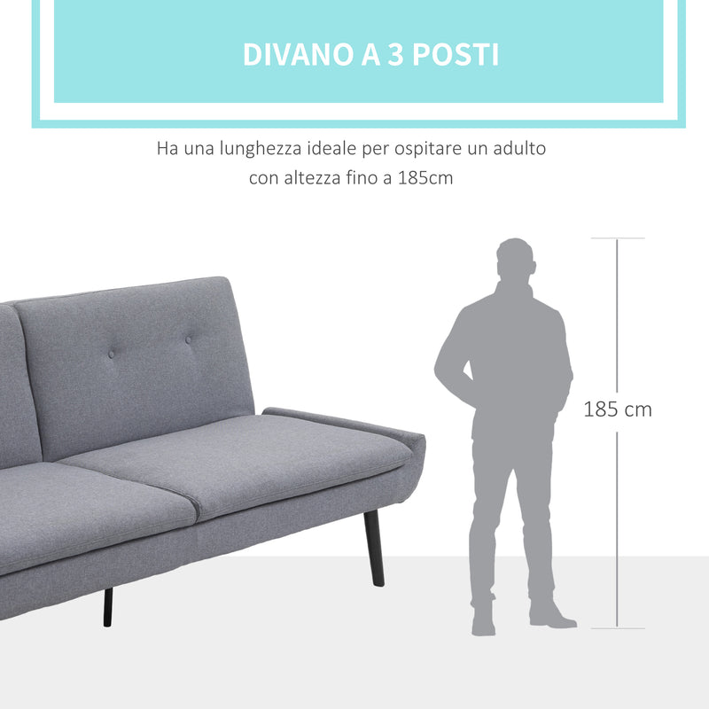 Divano Letto 3 Posti 195x84x82 cm in Tessuto Effetto Lino Grigio