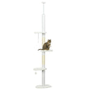 Albero Tiragraffi per Gatti a Soffitto 48x32x225-255 cm Pali con Corda in Cotone Bianco   