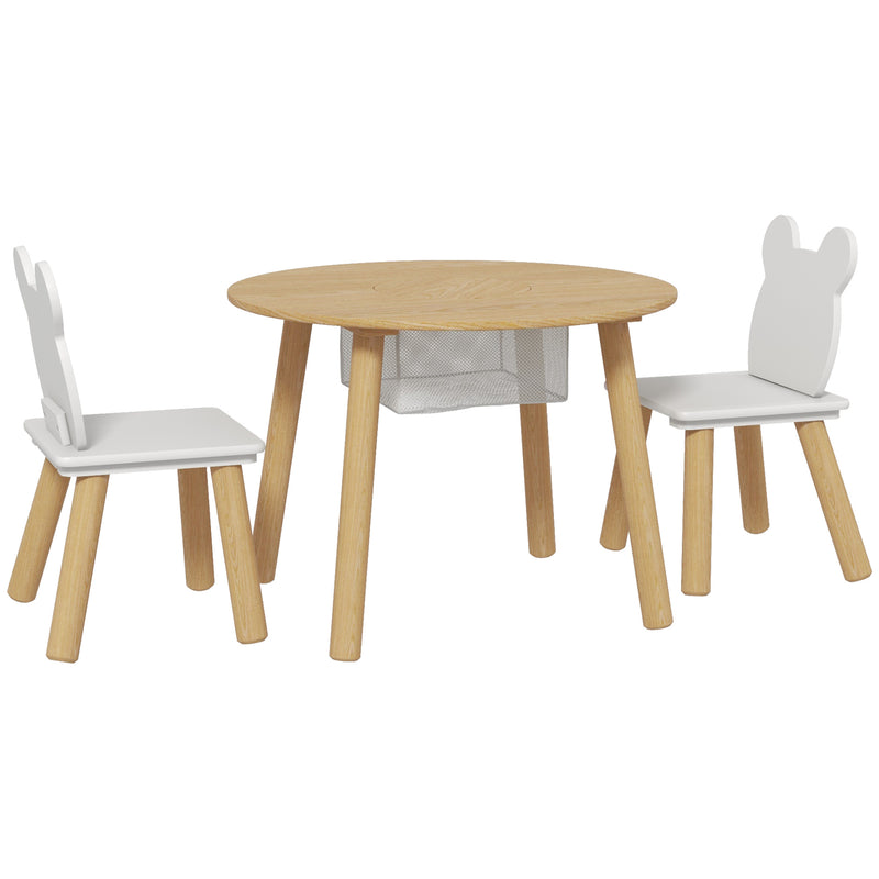 Set con Tavolo e 2 Sedie per Bambini con Schienale a Orsetto Tavolino con Vano Contenitore in MDF Bianco e Legno      