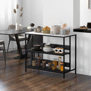 Isola da Cucina con Mensole, Piano Effetto Marmo 100x50x90 cm Struttura in Metallo Nero e Bianco