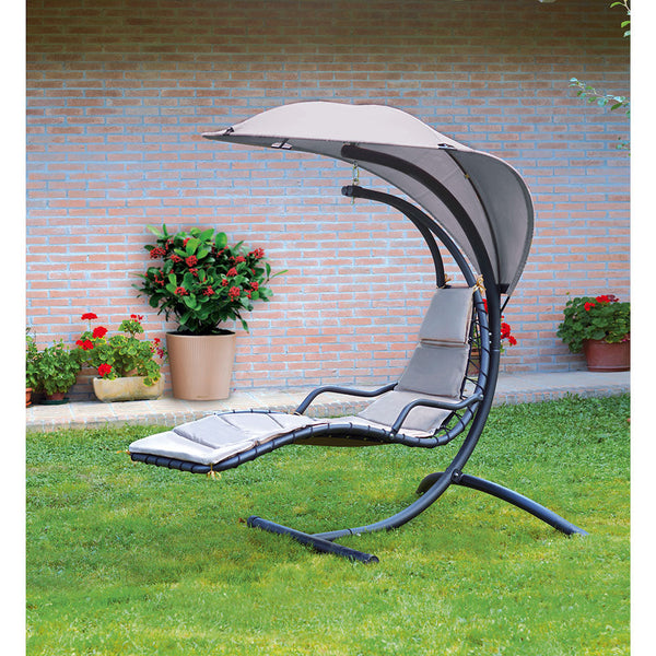prezzo Dondolo Pensile da Giardino in Ferro con Cuscino e Parasole Vorghini Foglia Antracite e Ecrù