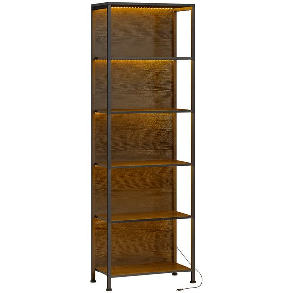 acquista Libreria Scaffale in Stile Industriale 60x30x179 cm a 5 Ripiani con Illuminazione LED, in Metallo e Legno Nero