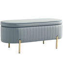 Panca Contenitore Ovale 108x44x43,5 cm con Coperchio Sollevabile in Tessuto Vellutato Grigio  