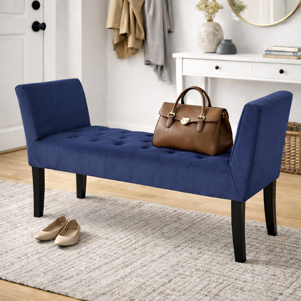 Panca Fondoletto Ingresso 111x40x60 cm con Piedi in Legno e Rivestimento Velluto Blu sconto