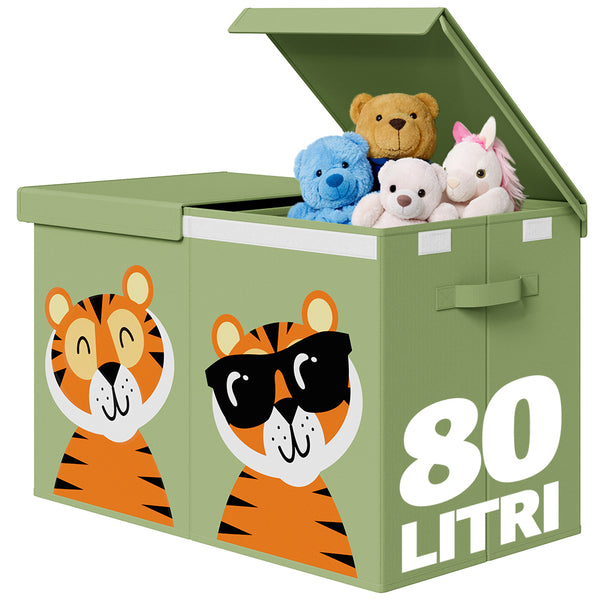 Box Contenitore per Giocattoli 62,5x31,5x40 cm Pieghevole Doppio Scomparto 80L Design Animali in Tessuto Oxford Verde prezzo