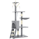 Albero Tiragraffi 60x35x134 cm Torre per Gatti con Casetta Trespolo Piattaforme e 4 Topolini in Legno Peluche e Sisal Grigio      