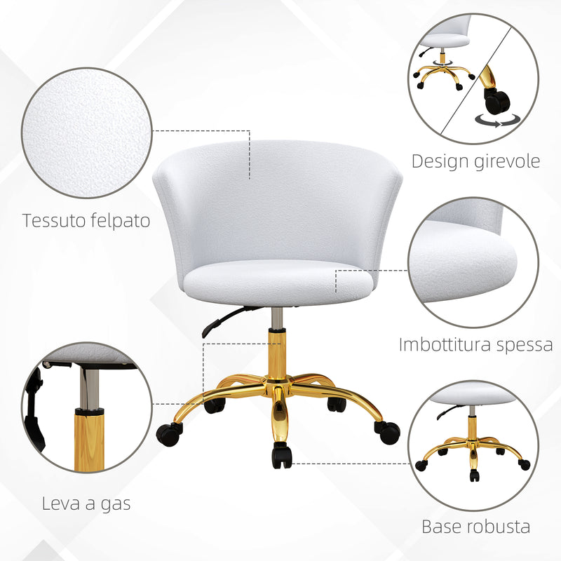 Sedia da Ufficio Design Moderno con Seduta Girevole e Rivestimento in Tessuto Teddy Bianco e Oro   