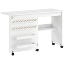 Mobile per Macchina da Cucire Pieghevole 116,3x49,5x76,5 cm con 2 Contenitori Mensola Inferiore 18 Pioli per Bobine e Ruote in Truciolato Bianco      