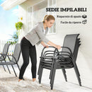 Set 7 Pezzi da Esterno con Tavolo Rettangolare in Acciaio e 6 Sedie Impilabili in Texteline Grigio Chiaro      