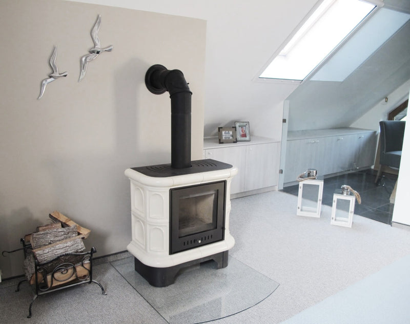 Stufa a Legna 75x74,8x37,7cm Flig Wilmington Bianca con Piastrelle Bianche