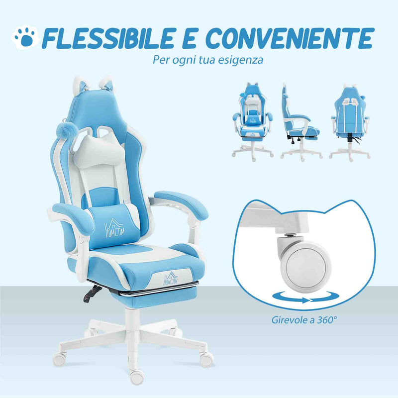 Sedia da Gaming Reclinabile 65x62x116-124 cm con Poggiapiedi e Cuscini in Finta Pelle e Spugna Bianco e Azzurro