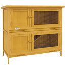 Conigliera Gabbia a 2 Livelli 97x44x91 cm con Rampa 2 Vassoi Estraibili 4 Porte in Legno di Abete e Bitume Giallo      