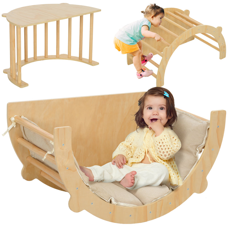 Arco Montessoriano 3 in 1 per Bambini da 18-48 Mesi Arrampicata Tavolino e Dondolo con Cuscino in Pino Color Legno      