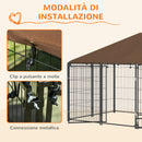 Recinto per Cani 211x141x151 cm con Porticina per Ciotole in Metallo e Tessuto Oxford Nero e Marrone      
