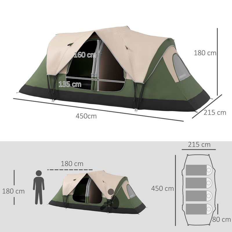 Tenda da Campeggio 450x215x180 cm 6 Posti con 2 Stanze Separate Verde Scuro   
