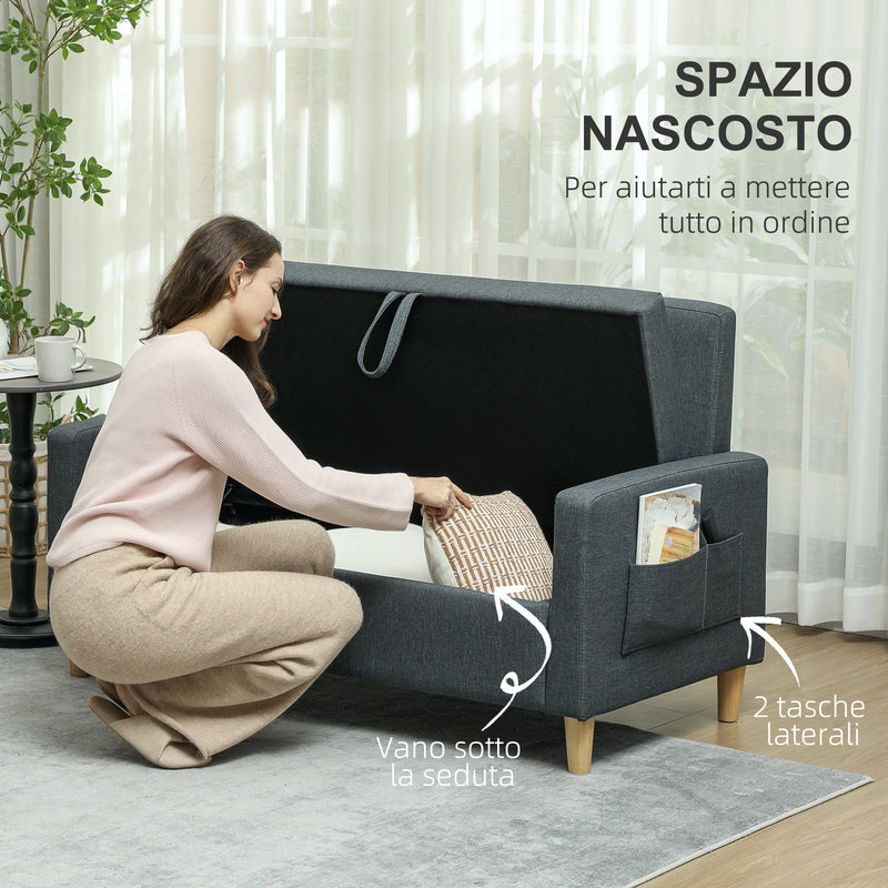 Divano 2 Posti 135x72x84 cm con Vano Contenitore  in Tessuto Effetto Lino Grigio Carbone  
