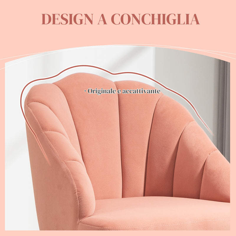 Poltrona da Salotto Imbottita a Conchiglia Stile Art Decò in Velluto Rosa 