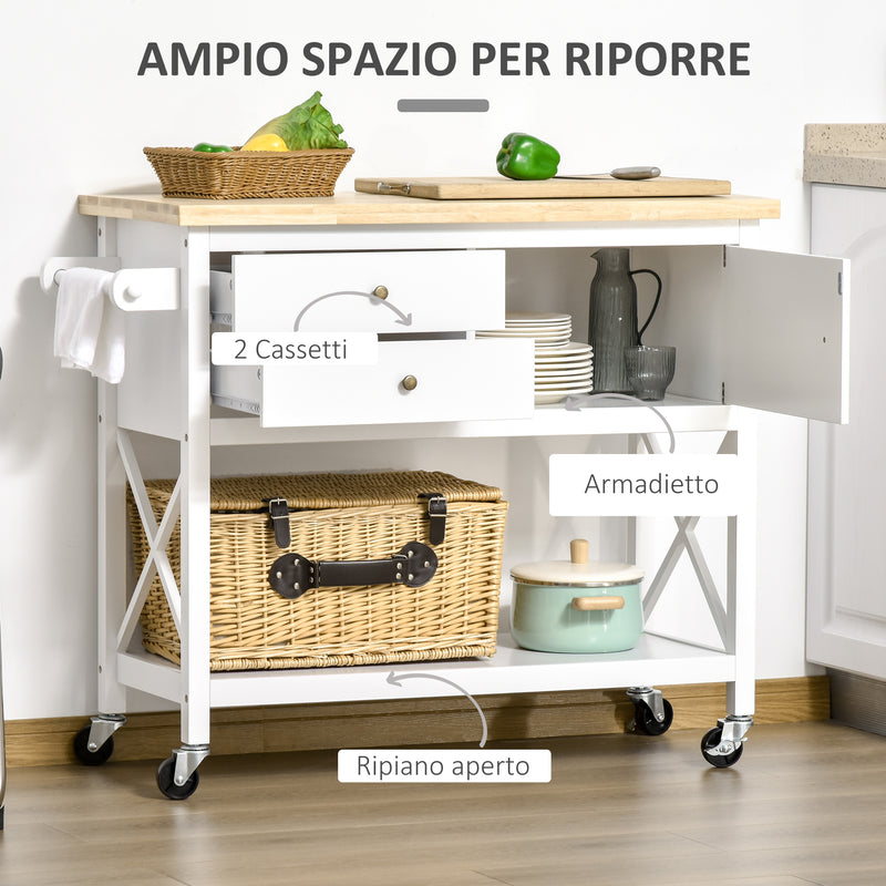 Carrello da Cucina 108x45x89 cm in Legno Bianco