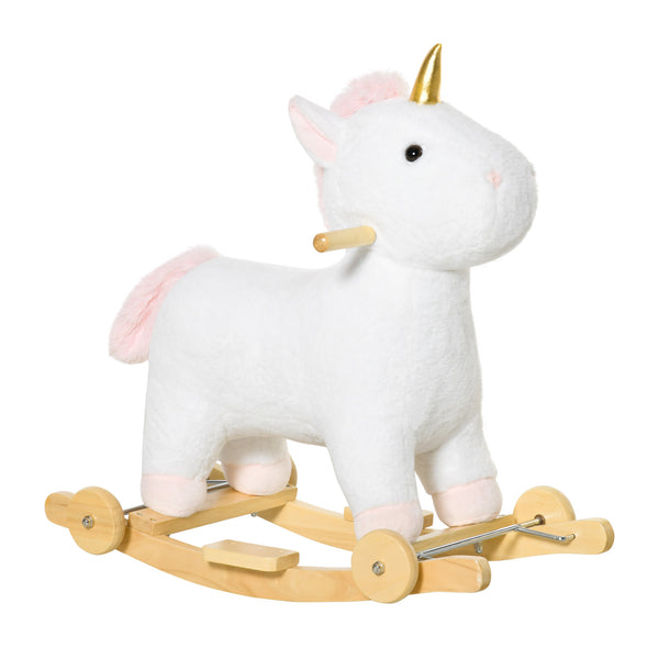 Cavallo a Dondolo Unicorno per Bambini in Legno e Peluche Unicorno Bianco sconto