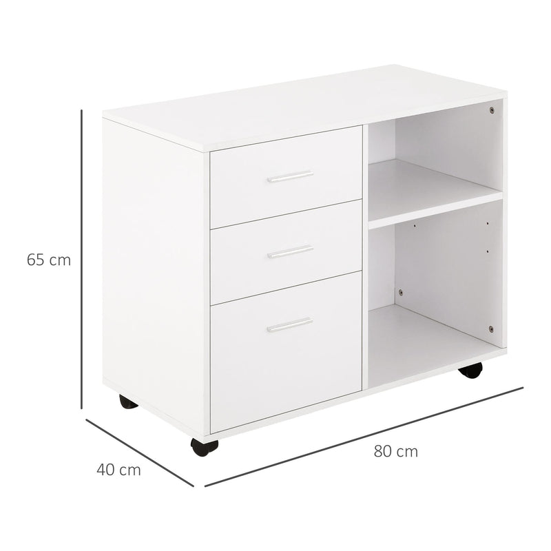 Mobile 3 Cassetti 2 Ripiani 80x40x65 cm con Ruote in Truciolare Bianco