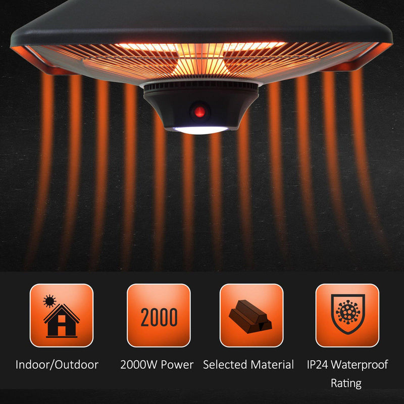 Stufa Alogena a Sospensione Ø43x25 cm 2000W con Luce LED e Telecomando Nera