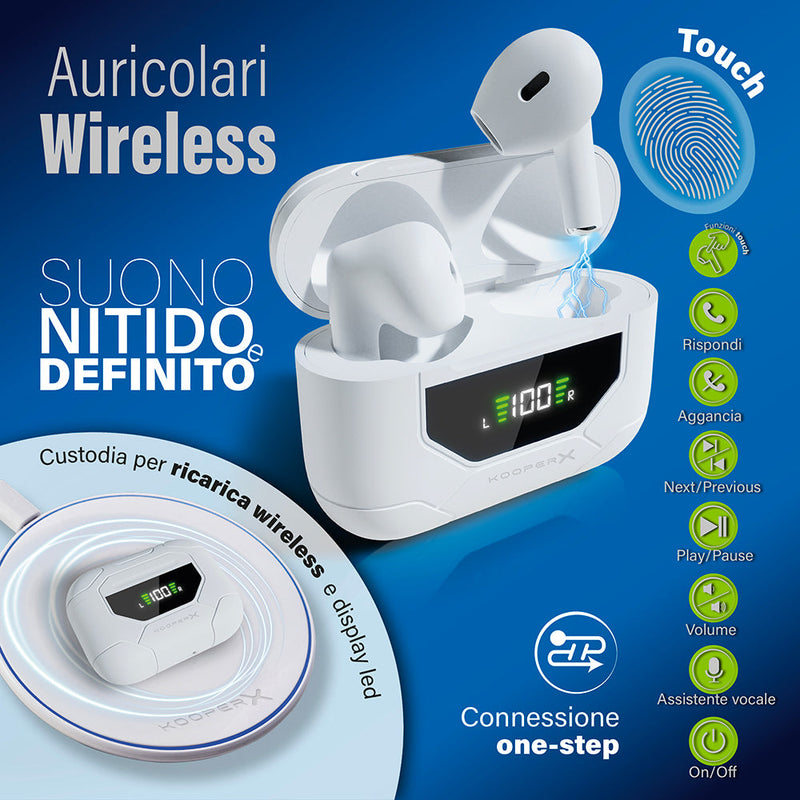 Cuffie Auricolari Wireless con Custodia per Ricarica Kooper  Bianco