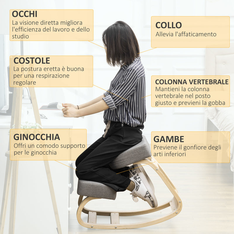 Sedia Ergonomica con Inginocchiatoio 51x69x58 cm in Betulla e Poliestere Grigia