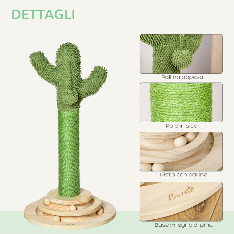 Albero Tiragraffi a Cactus per Gatti 32x32x60 cm in Corda Sisal e Palline in Legno Verde